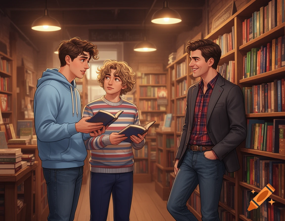 Three illustrated young men talk and read books in a cozy bookstore.