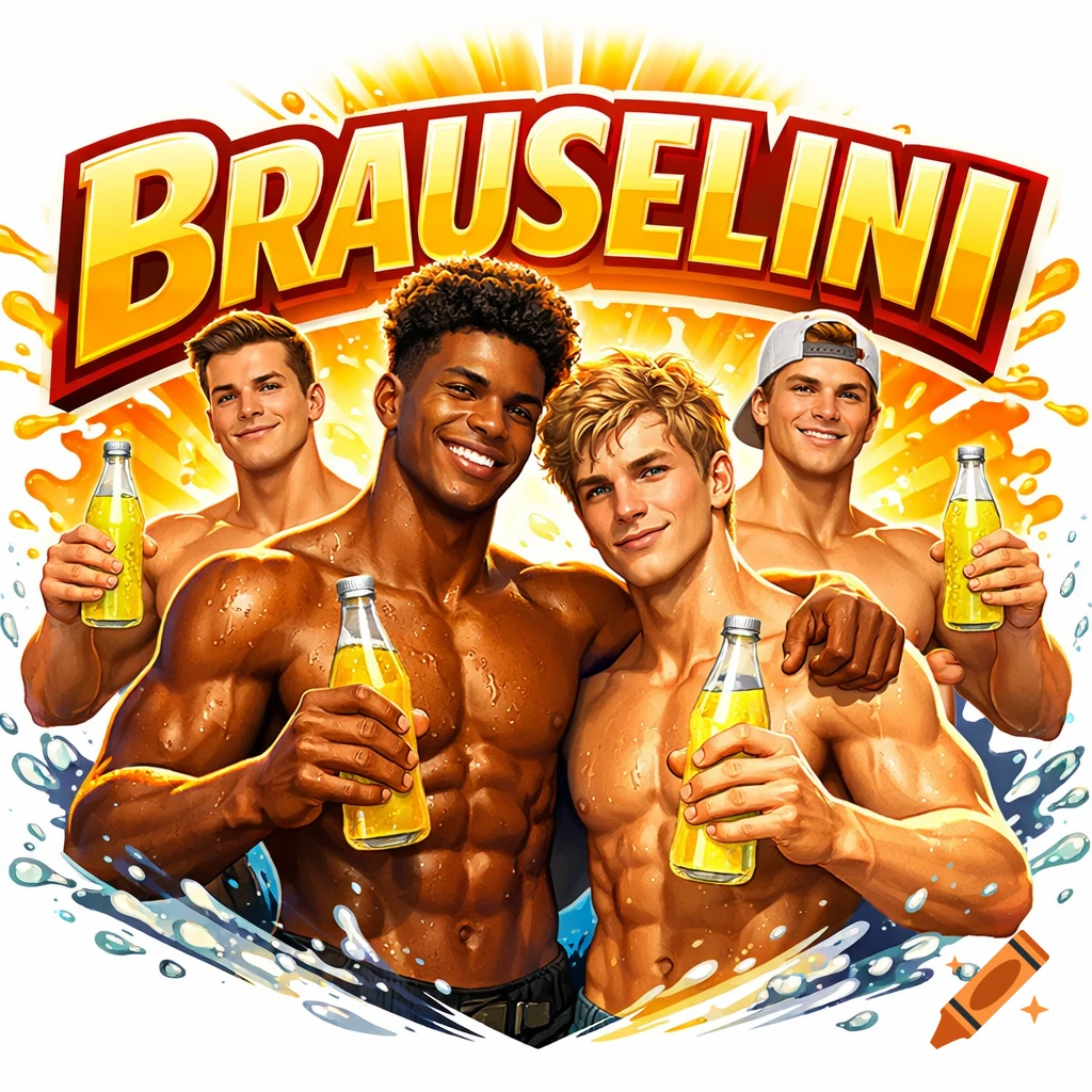 Four muscular men, two at front, holding yellow soda bottles and smiling under a "BRAUSELINI" logo with splashes, in an illustration.