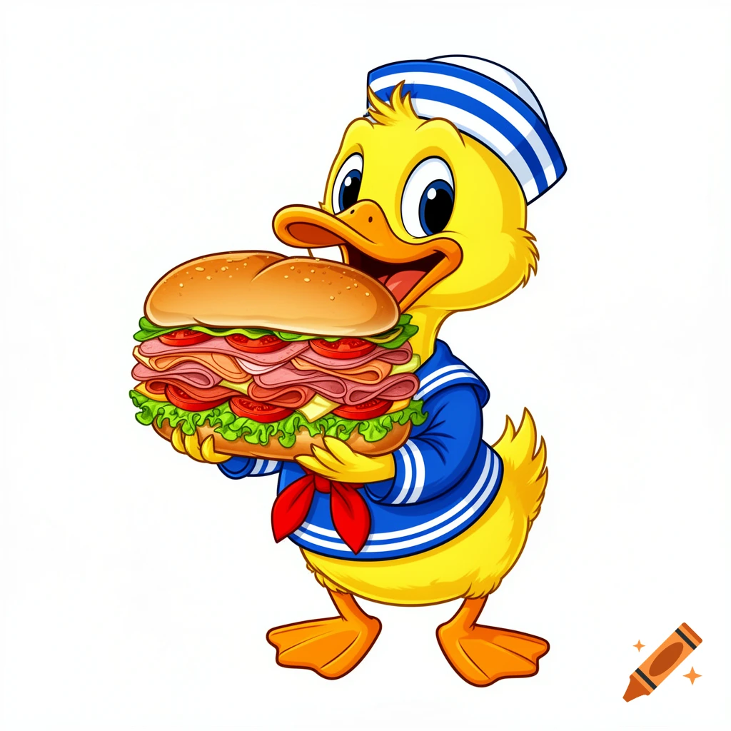A cheerful cartoon yellow duck in a blue sailor outfit and hat holds a large submarine sandwich.