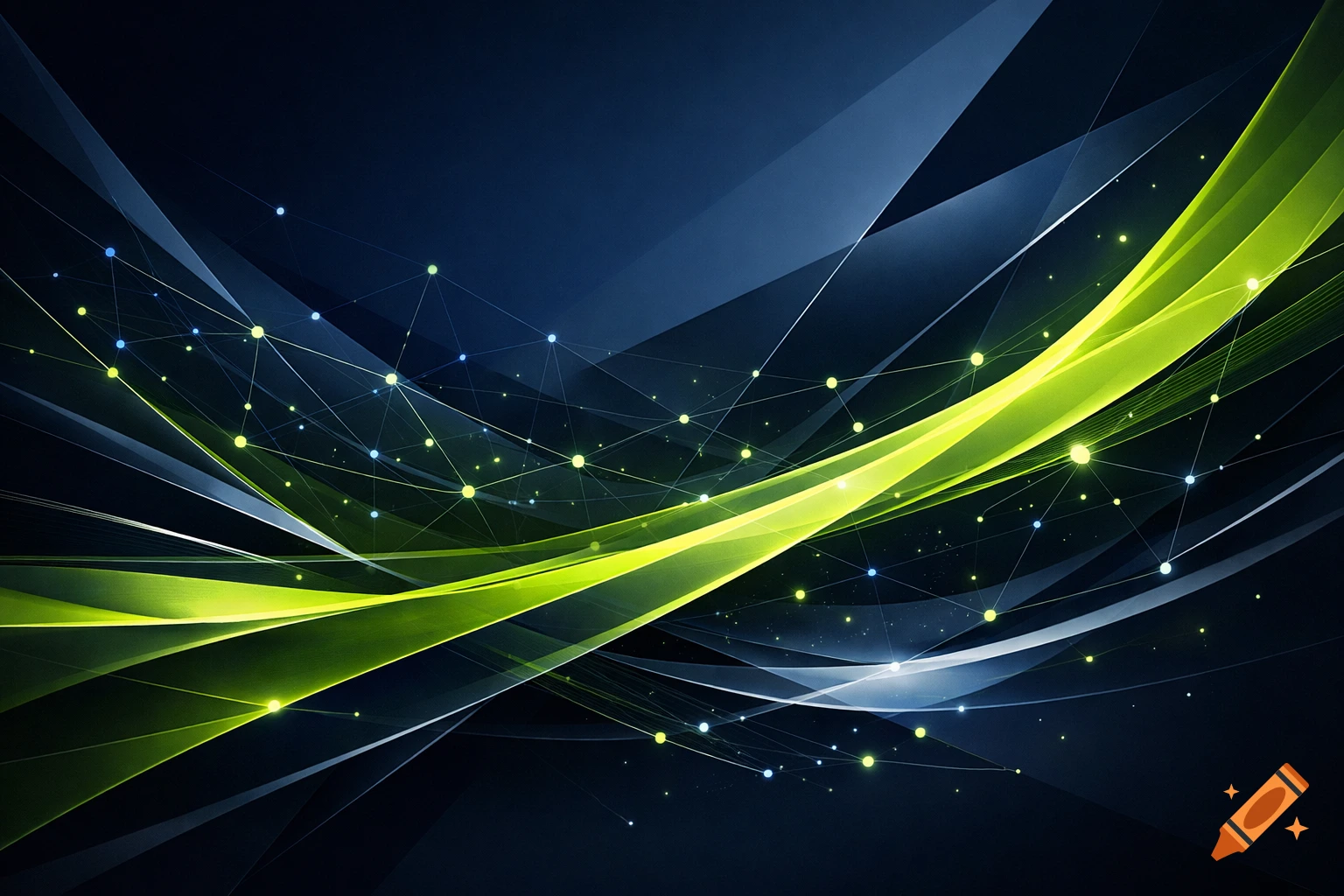 Abstract background with glowing lime green and blue flowing lines, data points, and geometric shapes on a dark blue background.