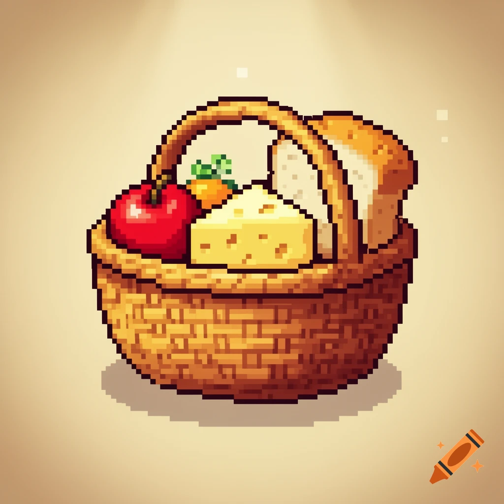 Pixel art of a brown woven basket filled with an apple, a wedge of cheese, a loaf of bread, and greens, glowing from above.