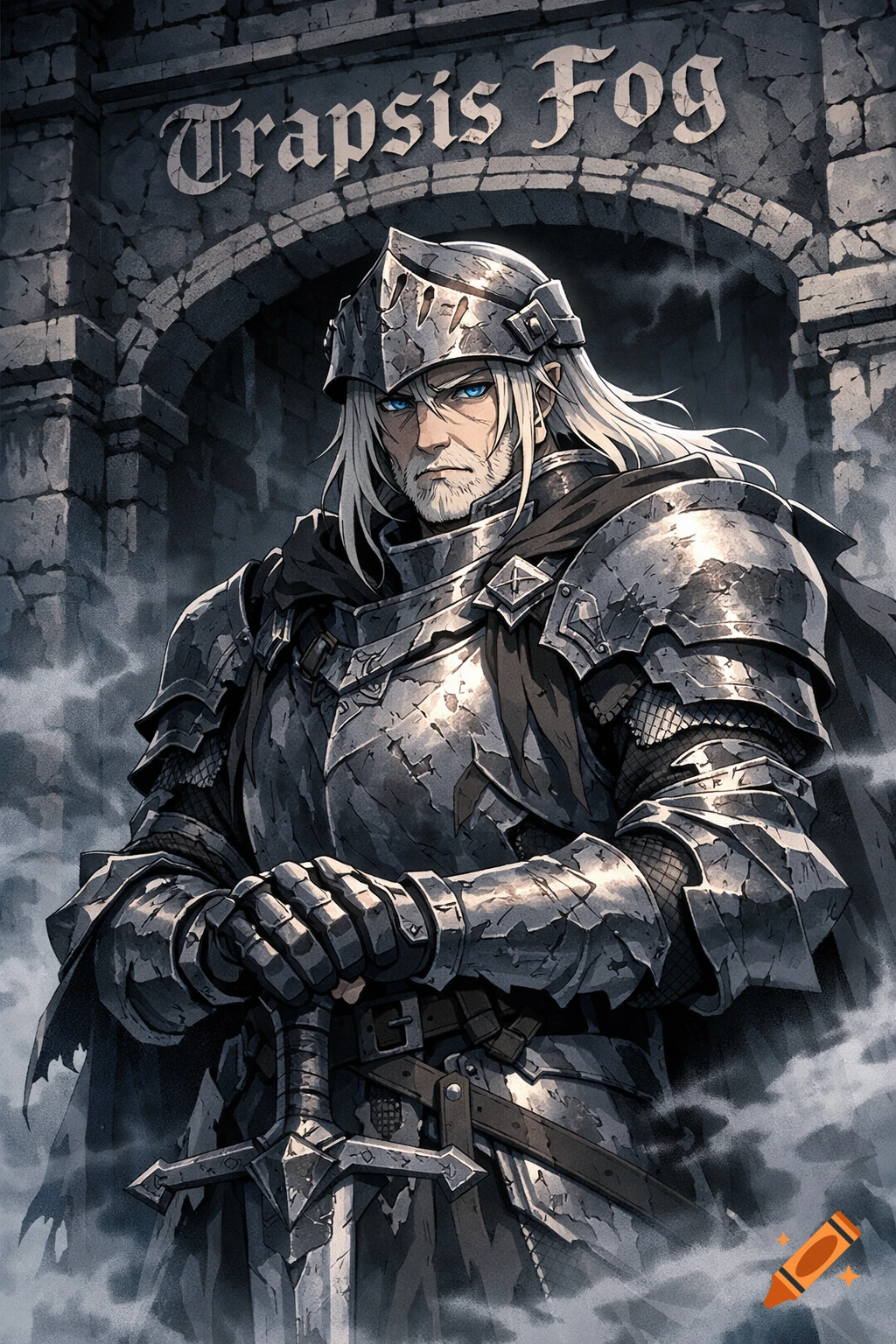An old knight in intricate armor stands with a sword in front of a stone archway inscribed "Trapsis Fog" in a dark anime style.