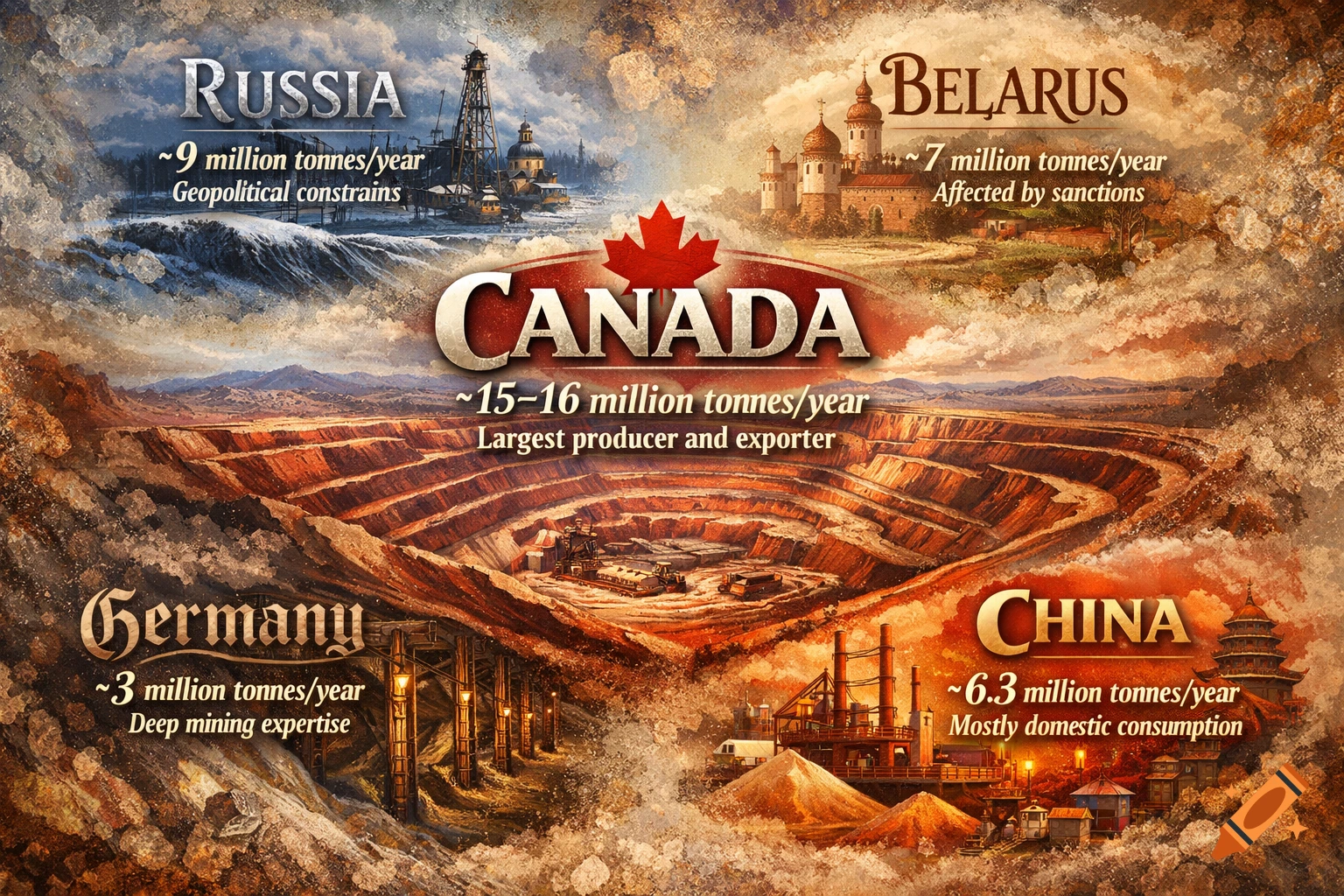 Infographic map showing potash production data for Canada, Russia, Belarus, Germany, and China, with illustrative landscapes and mining sites.