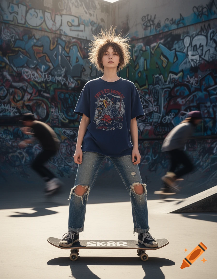 A person with spiky hair stands on a skateboard in a sunlit graffiti-covered skatepark. Two blurred figures skate in the background.