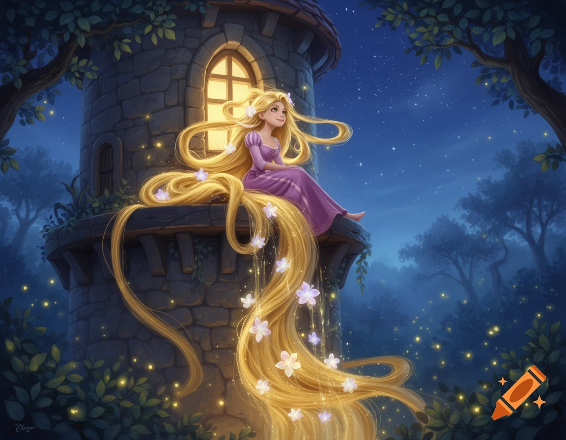 Rapunzel sits on a stone tower ledge at night, her long golden hair with glowing flowers cascading down, against a starry sky and glowing forest.