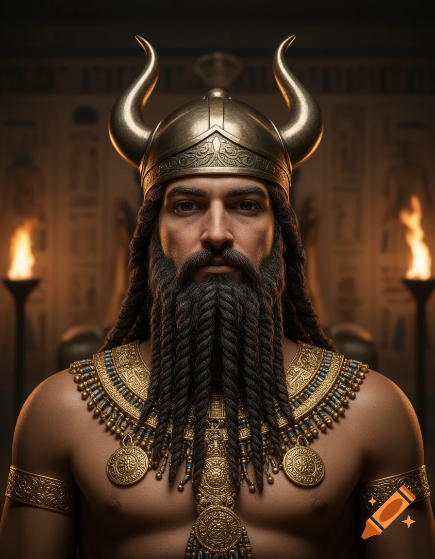 A hyper-realistic portrait of the Akkadian King Naram-Sin with a bronze horned helmet, long braided beard, and gold jewelry.