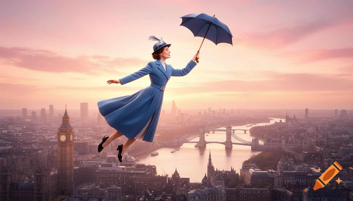 Mary Poppins in a blue coat and hat flies high over a detailed London cityscape at sunset, holding a dark blue umbrella.