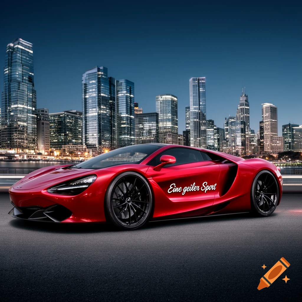 Red sports car with text "Eine geiler Sport" on its side, parked on a road at night with a city skyline in the background.