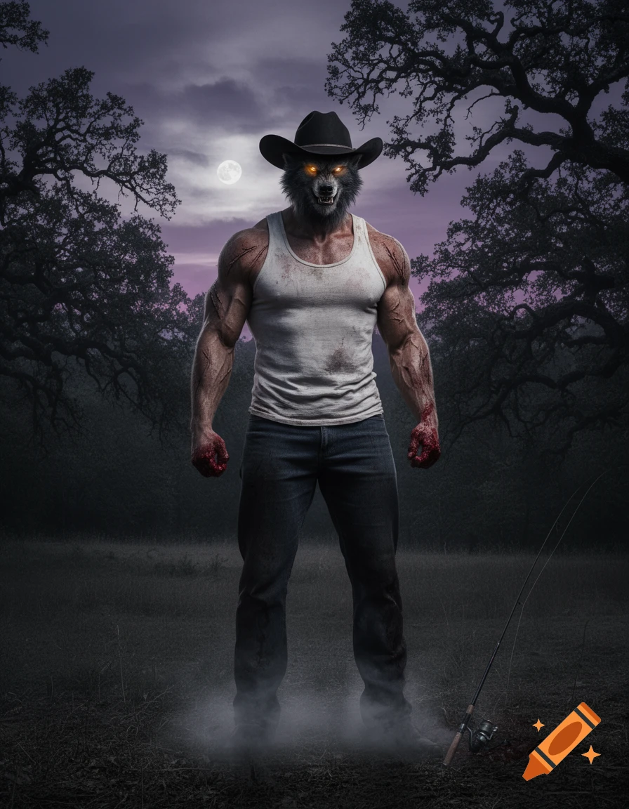 A muscular, scarred werewolf-like man in a cowboy hat and tank top stands in a dark, misty forest under a full moon.