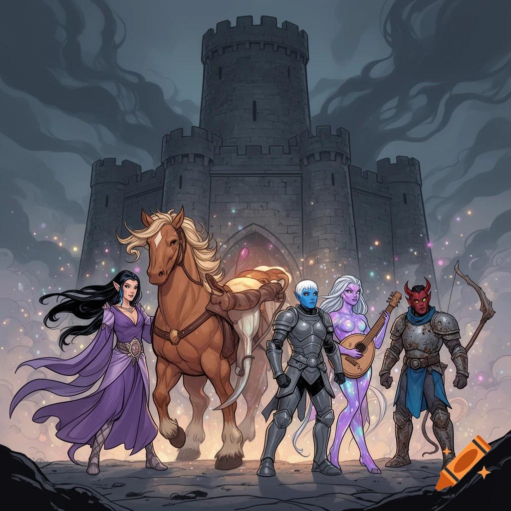 Comic book style art of a fantasy adventuring party and their horse in front of a dark castle at dusk.