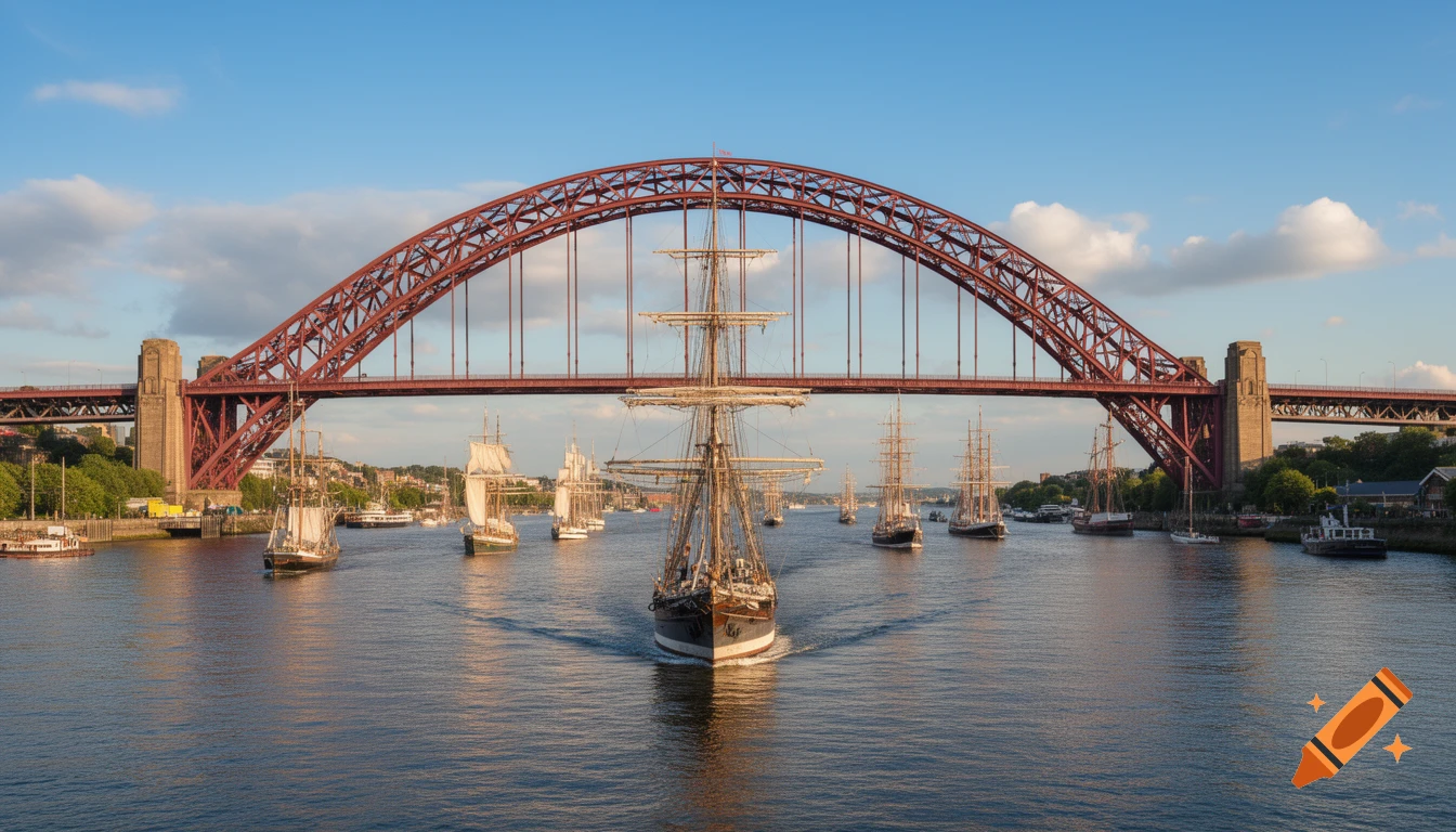 A red through-arch bridge spans a river where many tall ships sail, with one large ship passing beneath it under a blue sky.