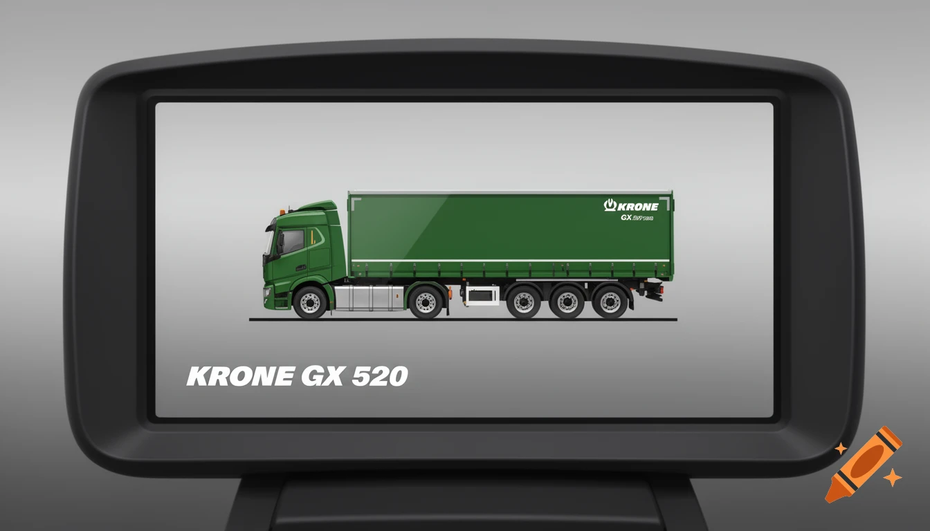 A vector graphic of a green Krone GX 520 truck and trailer on a black dashboard display screen.
