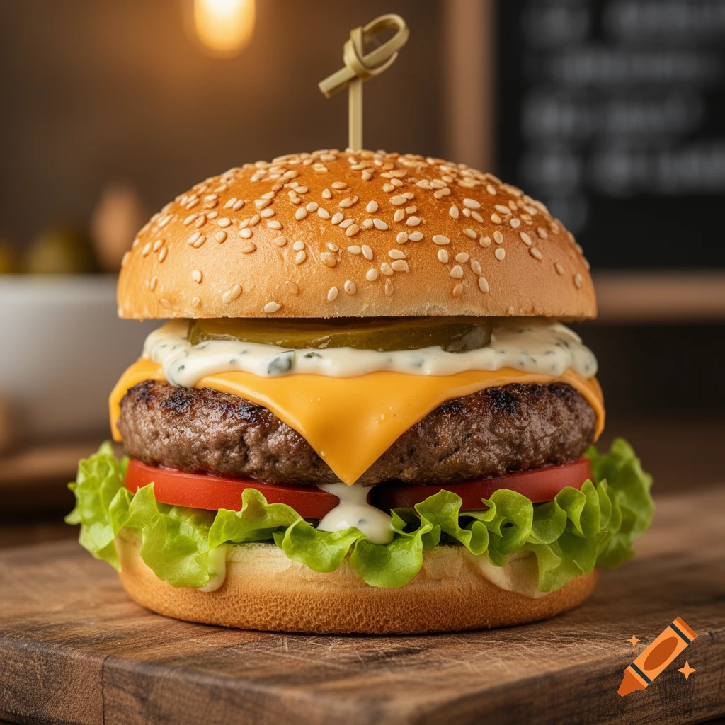 A close-up, photorealistic image of a delicious burger with cheese, lettuce, tomato, pickles, and sauce on a wooden board.