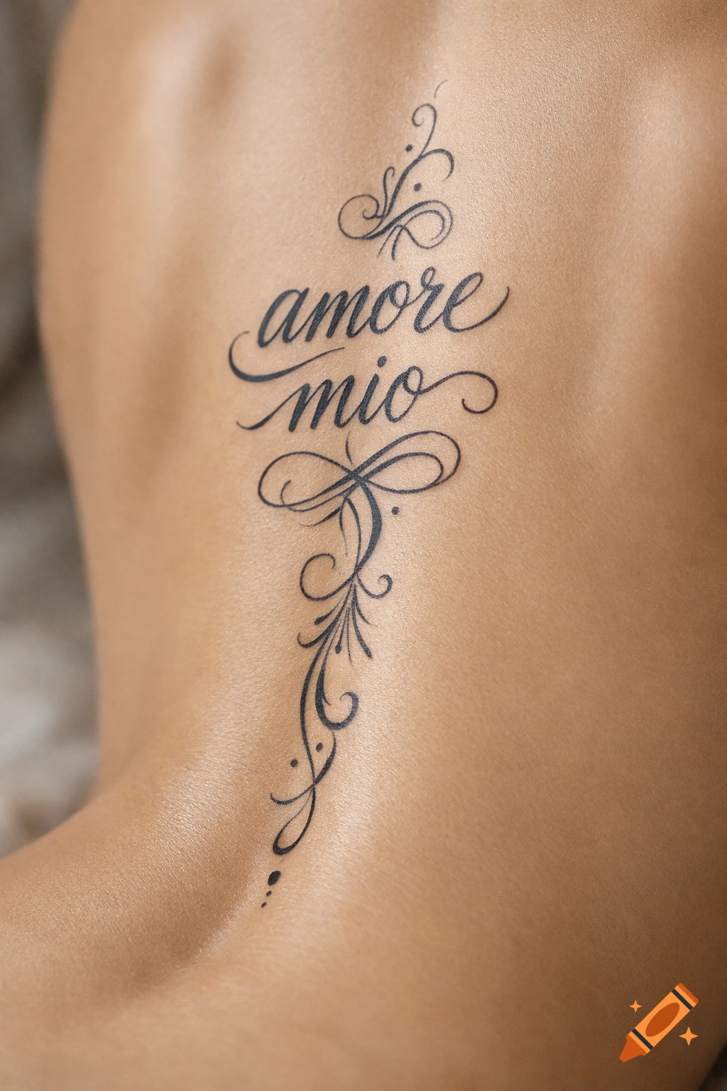 A close-up, photorealistic image of a tattoo on a person's back reading 'amore mio' in script font.