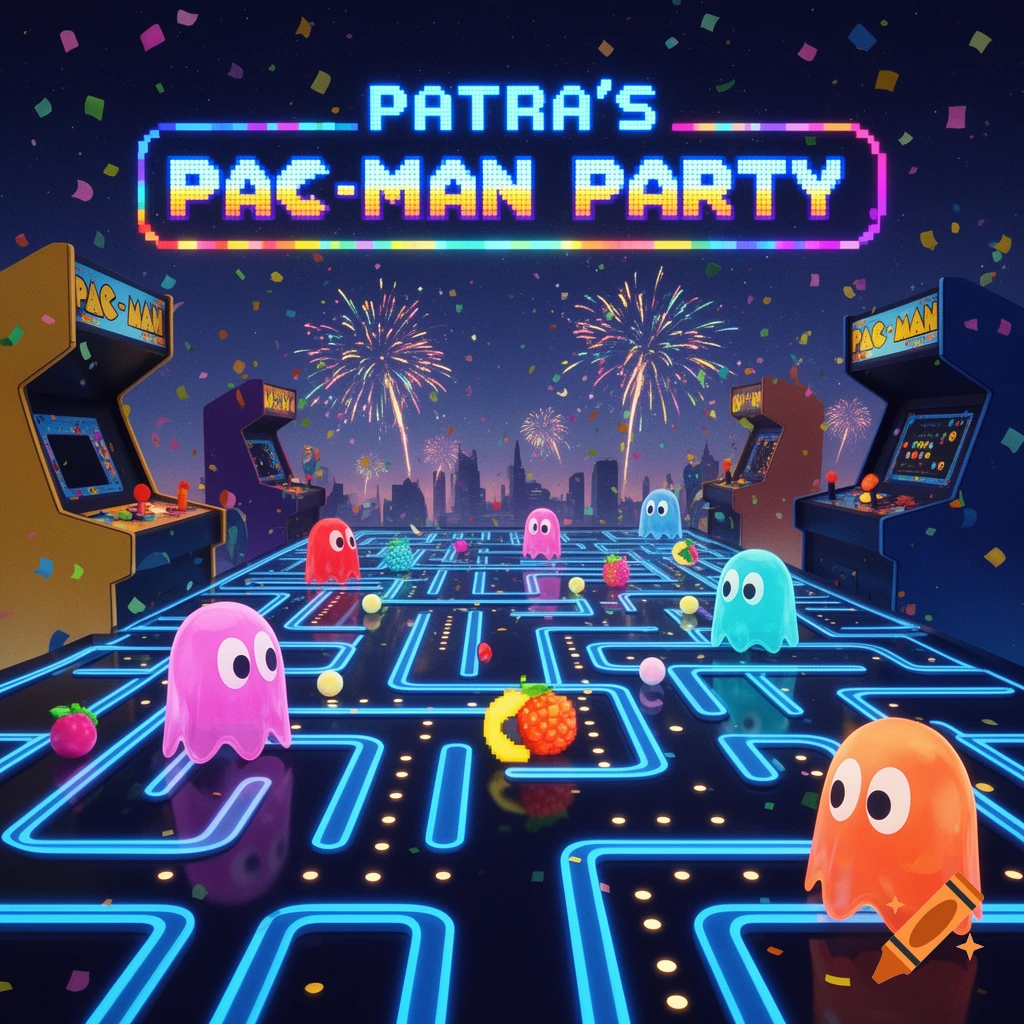 A vibrant Pac-Man themed party with colorful ghosts on a neon maze, arcade machines, and fireworks over a city skyline.