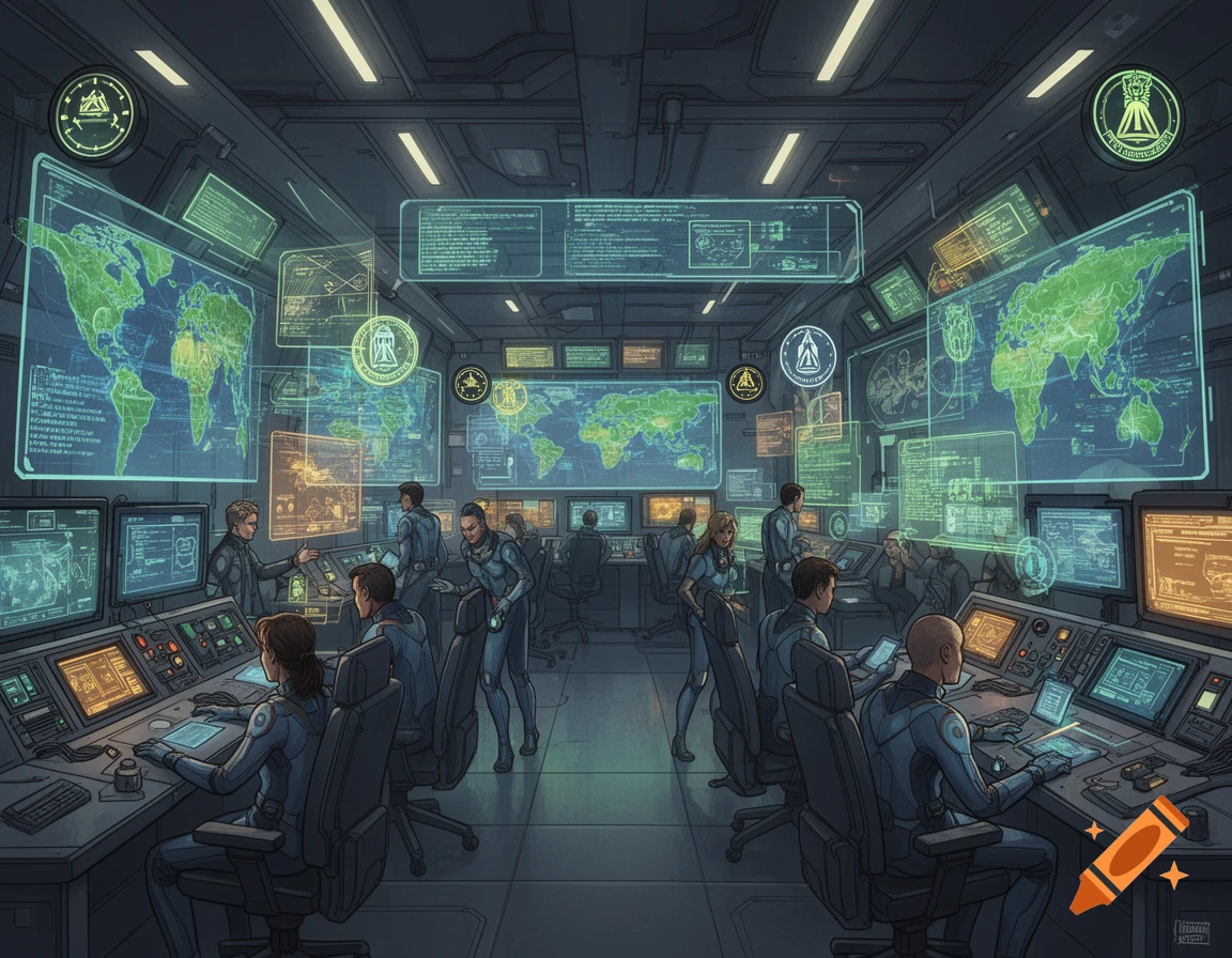 An illustration of a futuristic control room filled with screens displaying world maps and data. Several people in jumpsuits work at computer terminals.