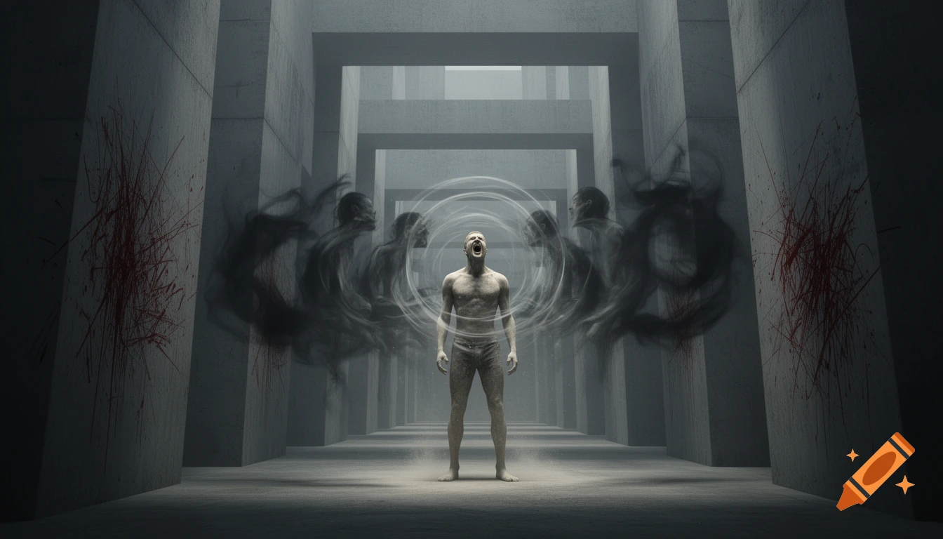 A screaming man with pale, dusty skin trapped in an endless brutalist concrete labyrinth with bloody scratch marks. He is surrounded by swirling dark shadows and shimmering echoes of himself.
