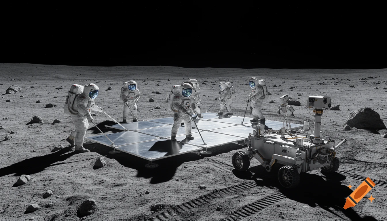 Several astronauts and a rover are working on reflective panels on a dusty moon surface under a dark, star-filled sky.