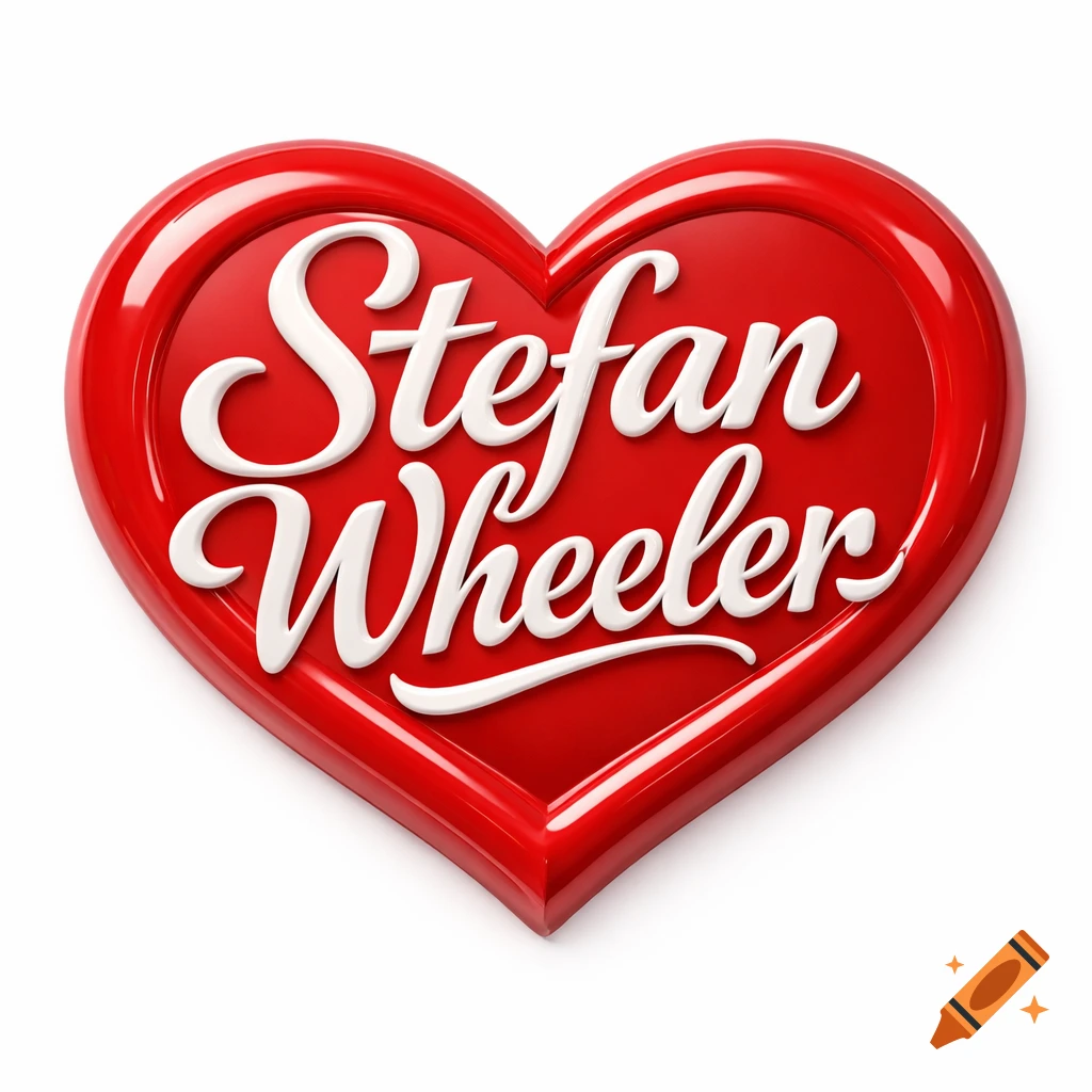 A vibrant red, glossy heart emblem featuring the name "Stefan Wheeler" in elegant white, embossed script.
