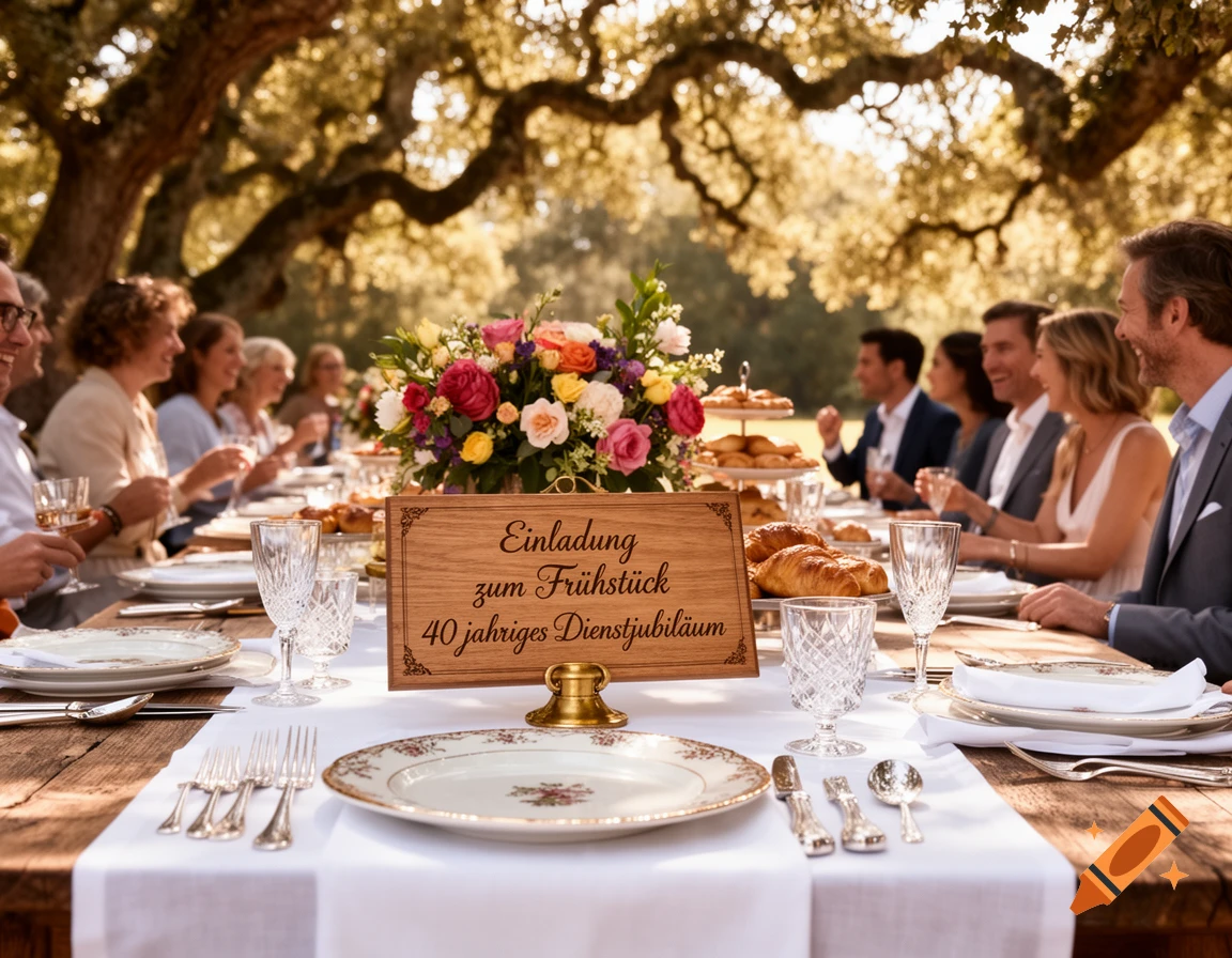 A group of people enjoying breakfast outdoors under a tree, with a sign reading 'Einladung zum Fr 00fchst 00fcck 40 j 00e4hriges Dienstjubil 00e4um' on the table.