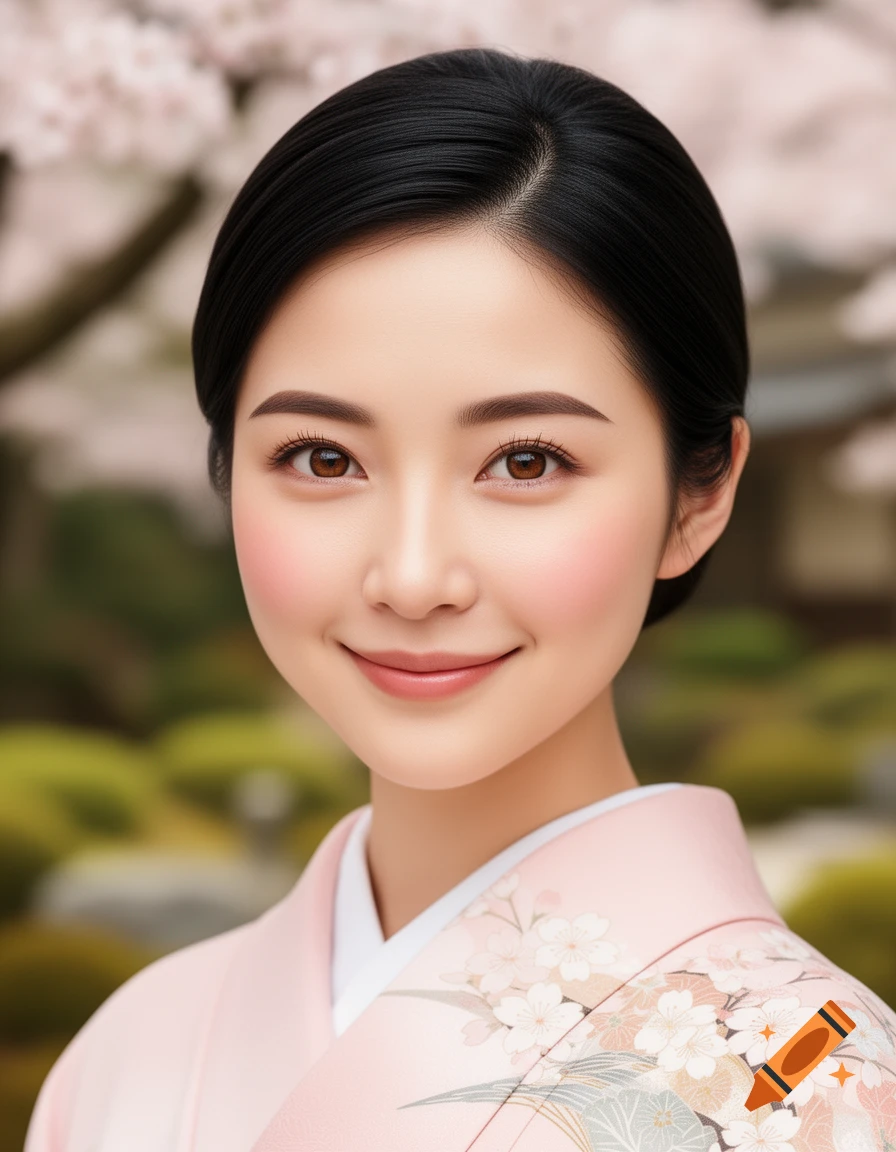 Close-up portrait of a smiling Japanese woman in a pink kimono with cherry blossom patterns, set against a blurred garden.