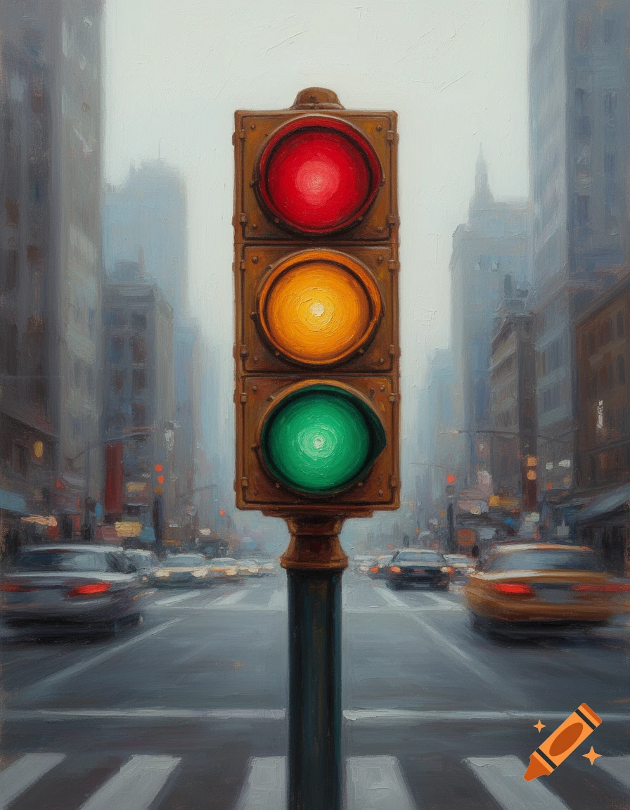 Oil painting of a traffic light with red, yellow, and green lights on a busy city street with blurred vehicles.