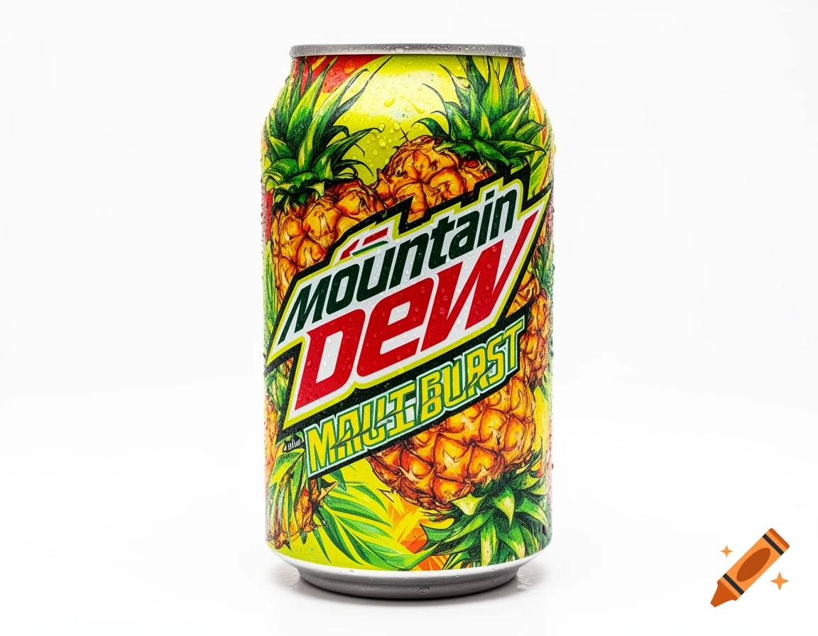 A photorealistic image of a Mountain Dew Maui Burst soda can, featuring pineapple graphics and water droplets, against a white background.