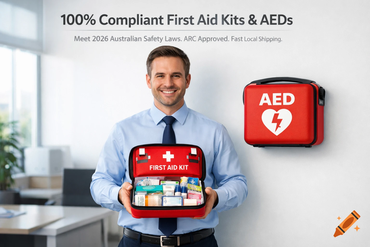 A smiling man in a light blue shirt and tie holds an open red first aid kit, with a red AED unit on the wall beside him in an office.