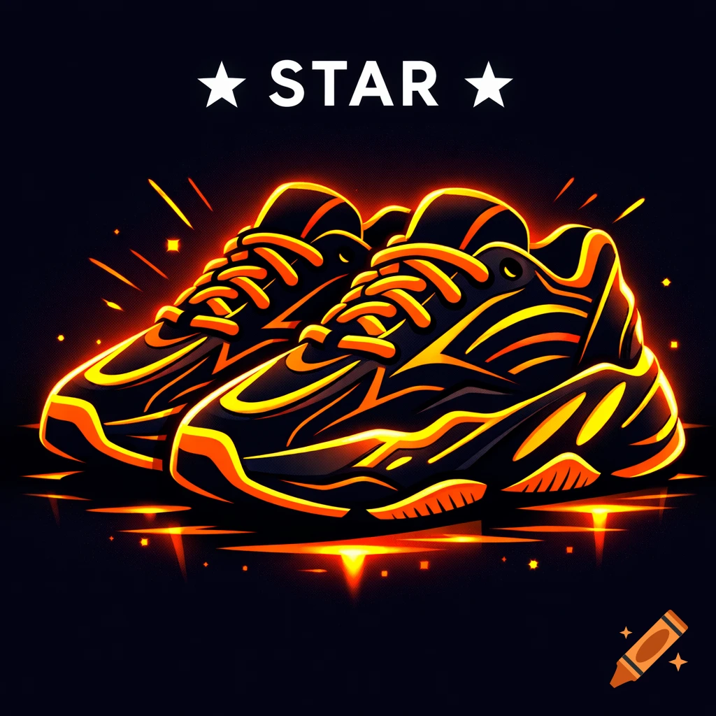 A pair of black sneakers with vibrant orange and yellow neon glowing lines, featuring the text "STAR" with star icons above, on a dark background.
