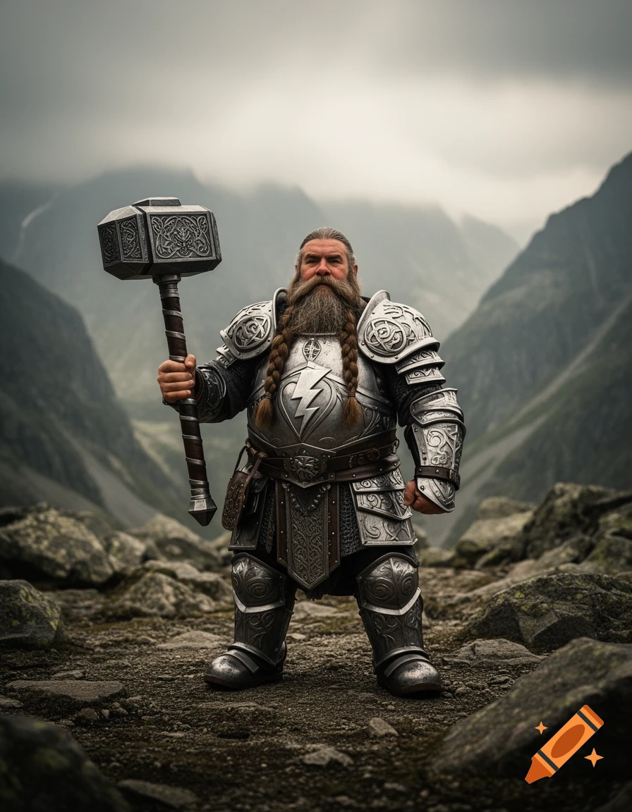 A proud dwarf in detailed silver armor holds a large, ornate hammer against a backdrop of misty mountains.
