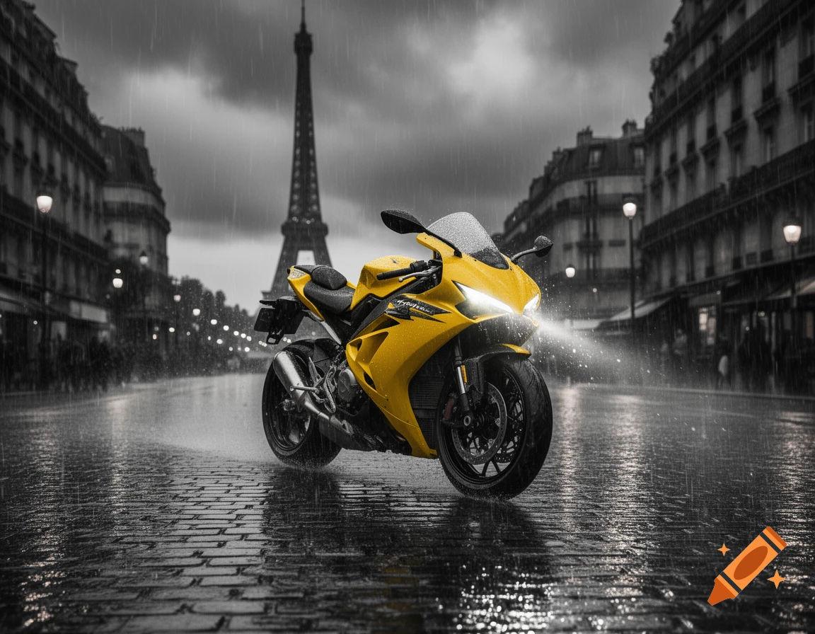 A vibrant yellow sportbike with its headlight on, parked on a wet cobblestone street in a grayscale Paris cityscape during a rainy night, with the Eiffel Tower in the background.