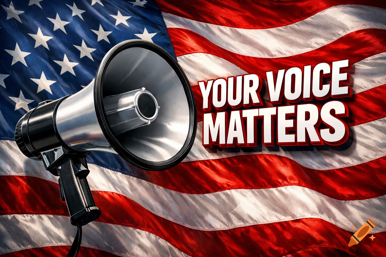 Photorealistic megaphone with 'YOUR VOICE MATTERS' text against a waving American flag.