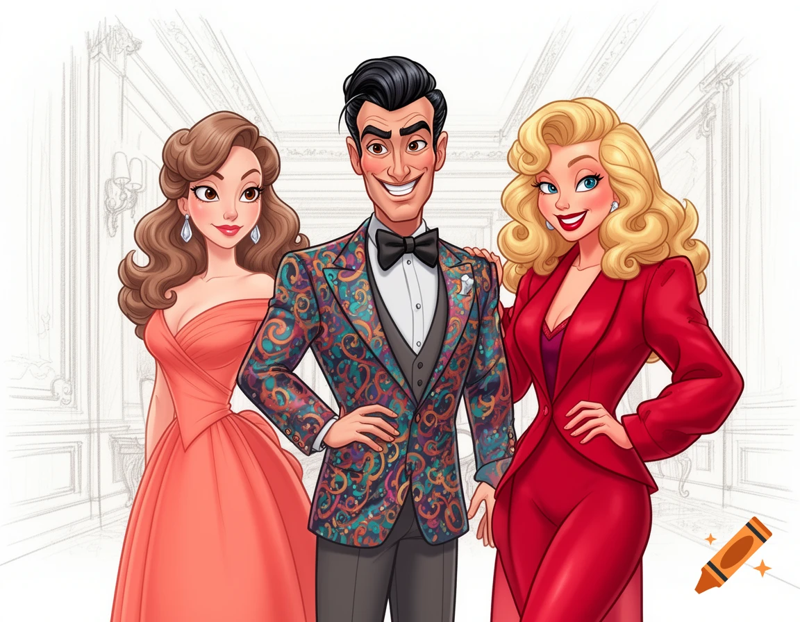 A man in a patterned suit stands between two women, one in an orange gown and one in a red suit, in Disney cartoon style.