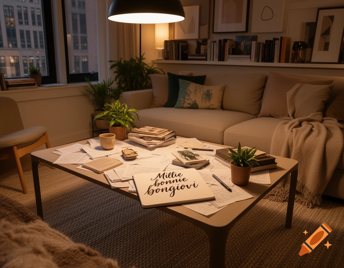 A cozy living room at night featuring a coffee table with papers, books, and plants, a large sofa, and city lights visible outside a window.