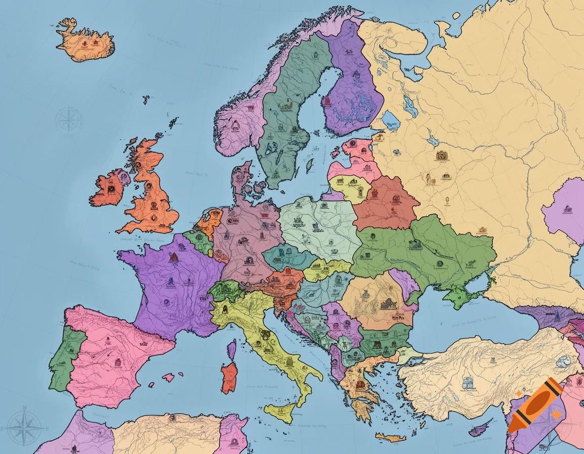 A colorful political map of Europe with country borders and small symbols within each nation, against a light blue ocean.