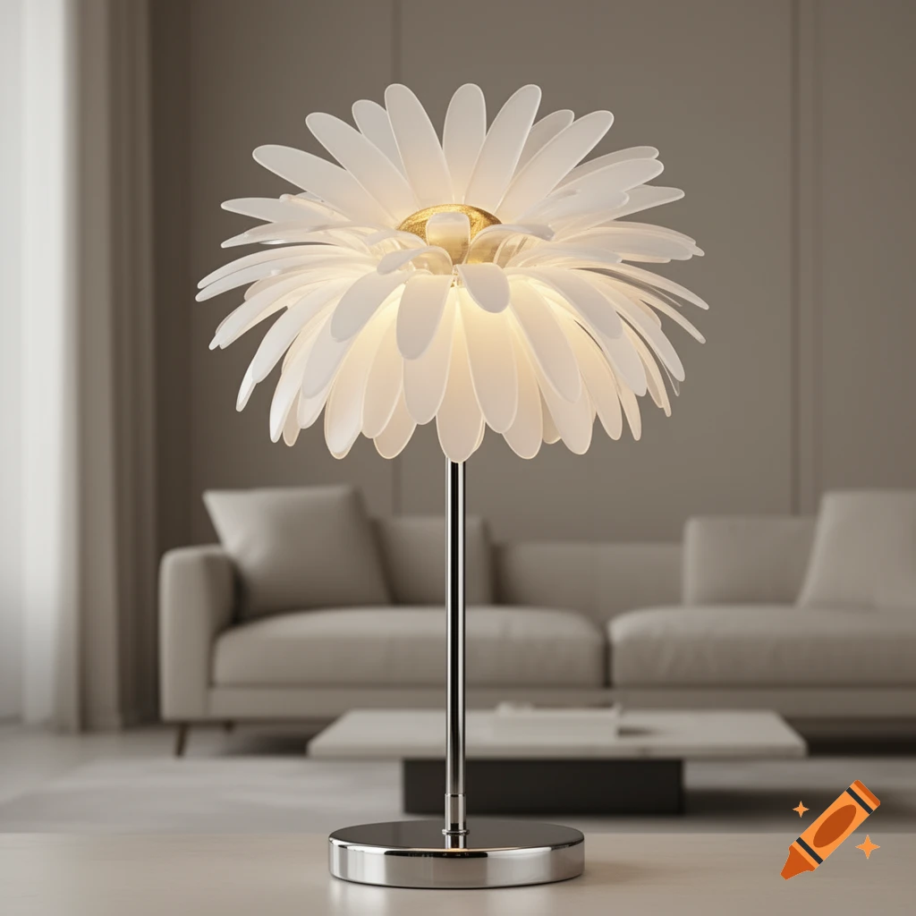 A white daisy-shaped table lamp with a chrome base, emitting a soft glow, in a modern living room setting.