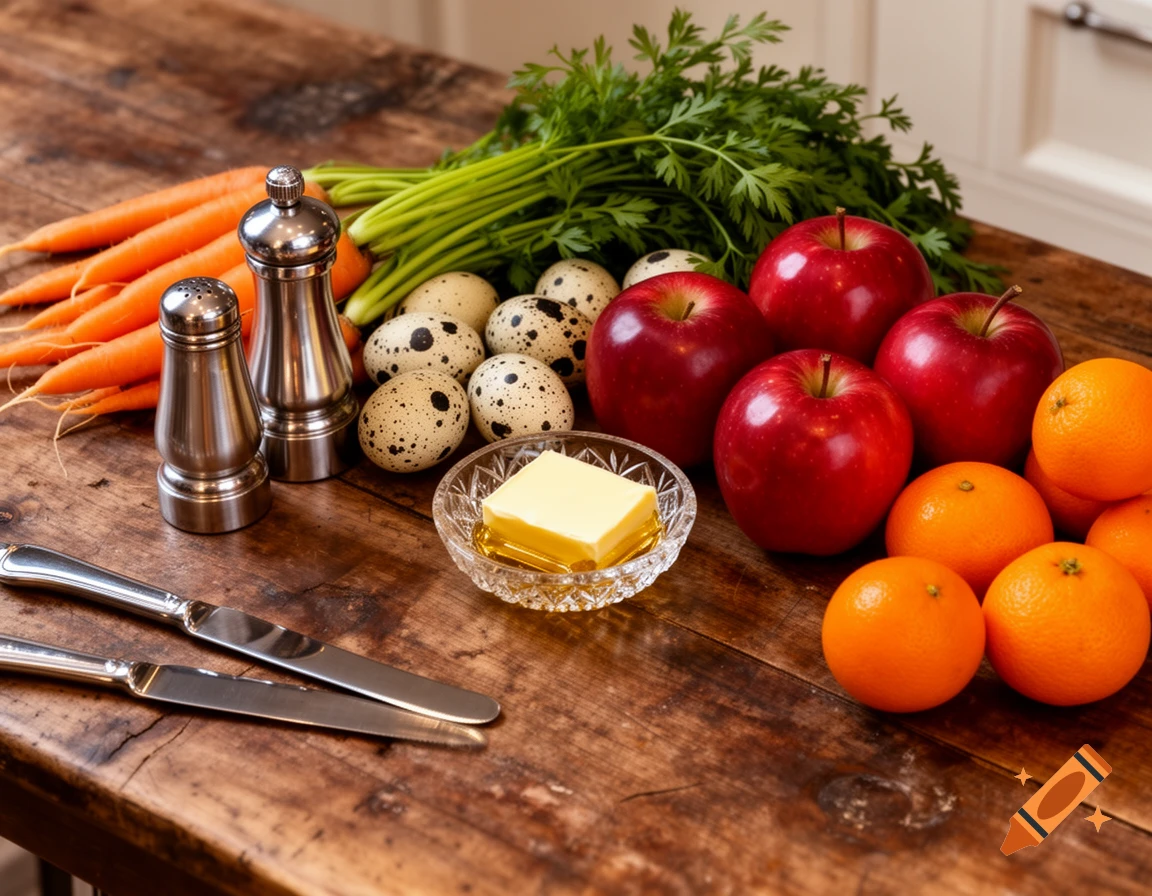 Photorealistic still life of fresh carrots, quail eggs, red apples, oranges, and butter on a rustic wooden table.