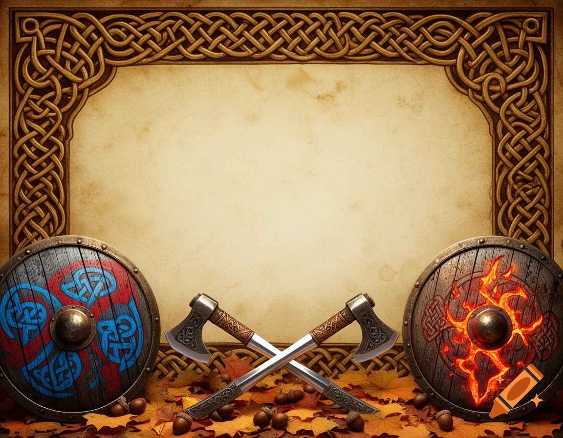 Ornate Viking-themed border with Celtic knotwork frames a blank parchment background. Two crossed axes and shields with Norse designs rest on autumn leaves and acorns.