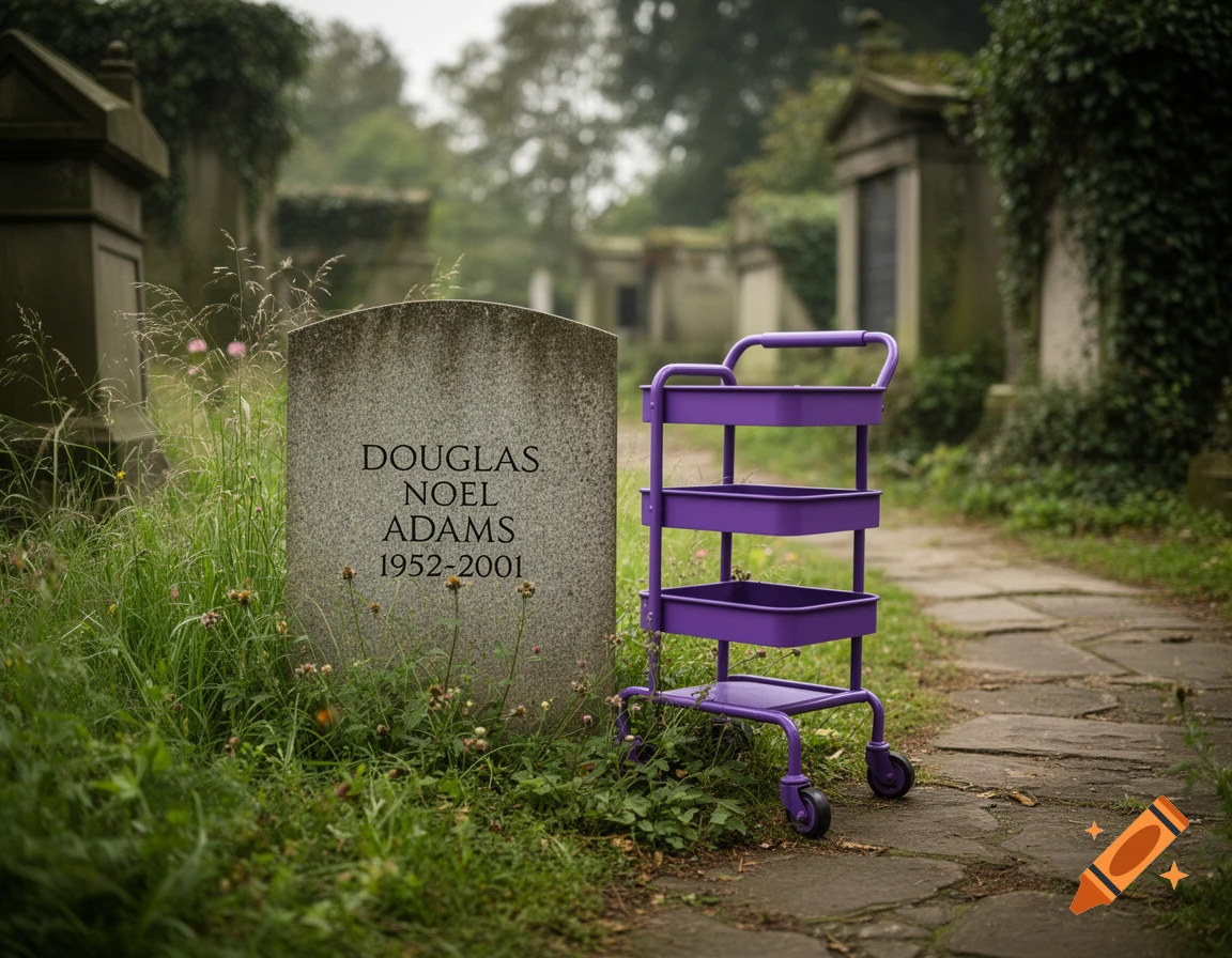 A purple three-tiered utility cart stands next to a weathered gravestone for Douglas Noel Adams in an overgrown cemetery path.