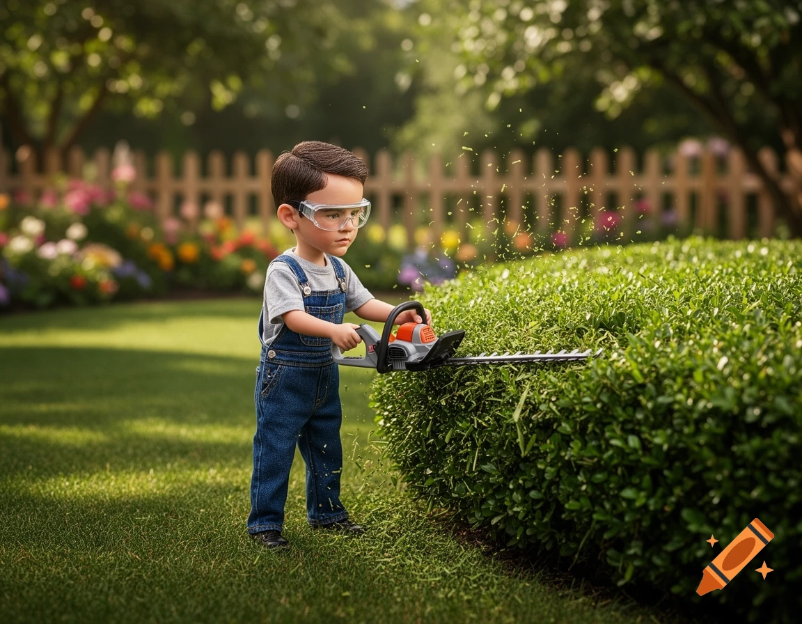 A young boy in overalls and safety glasses trims a green hedge in a sunny garden.