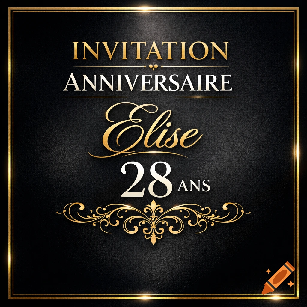 Black and gold invitation card for Elise's 28th birthday, featuring elegant typography and decorative flourishes.