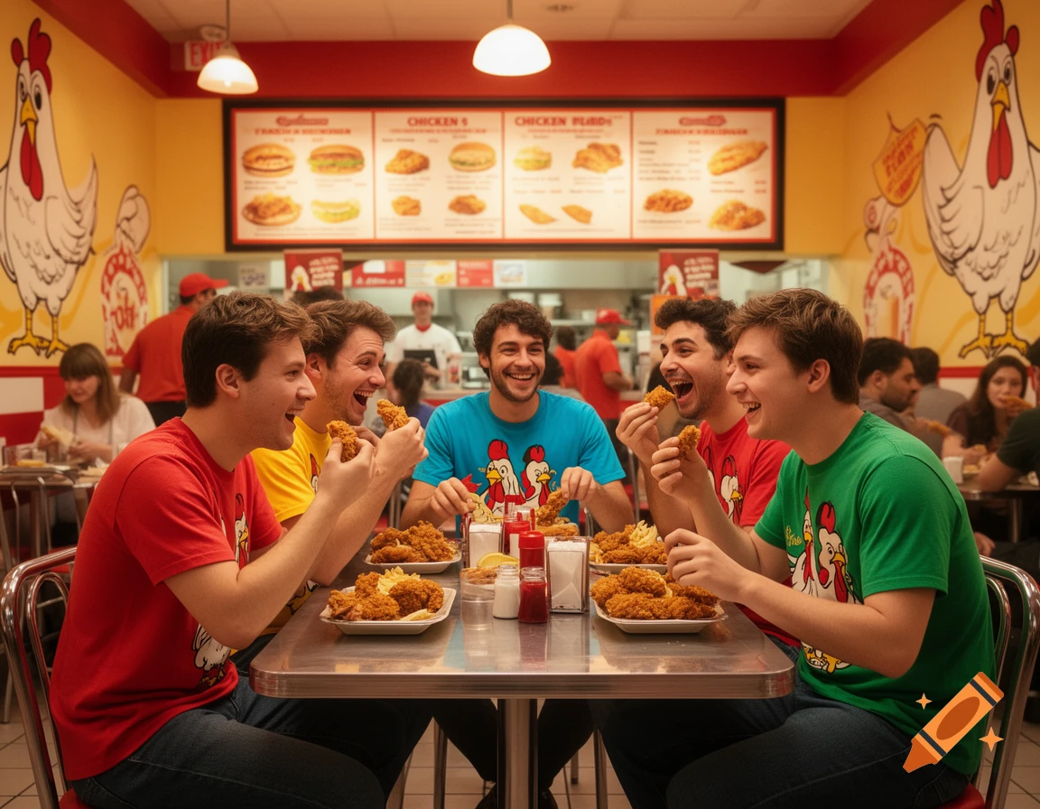 Five young men laugh while eating fried chicken and fries at a casual fast food restaurant with chicken decor.