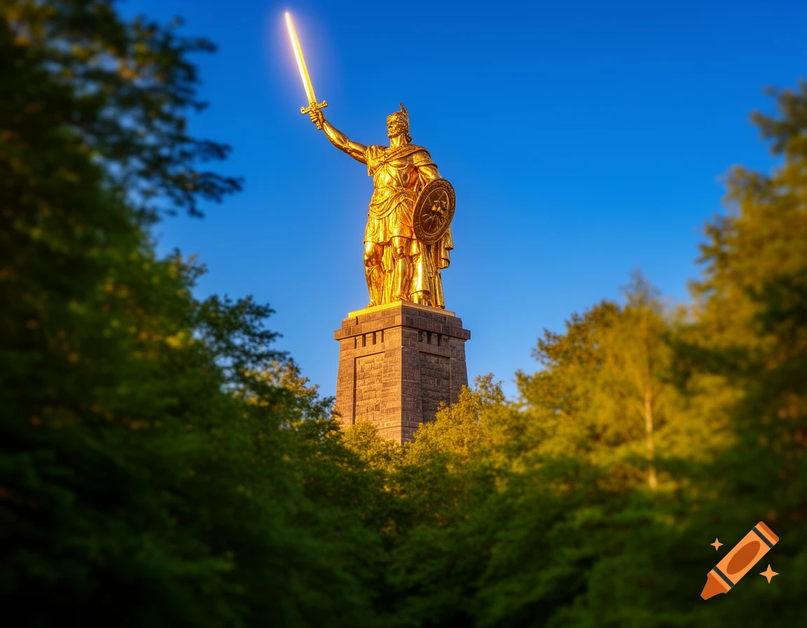 A golden statue of a warrior holding a glowing sword and shield, atop a stone pedestal, framed by green trees against a clear blue sky.