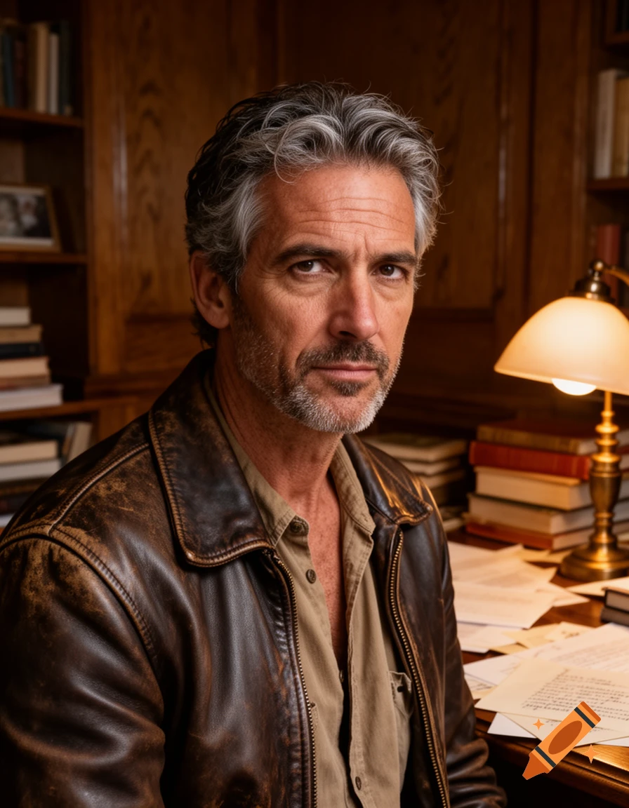 A photorealistic portrait of a middle-aged man with graying hair and a beard, wearing a brown leather jacket, in a study with books and papers.