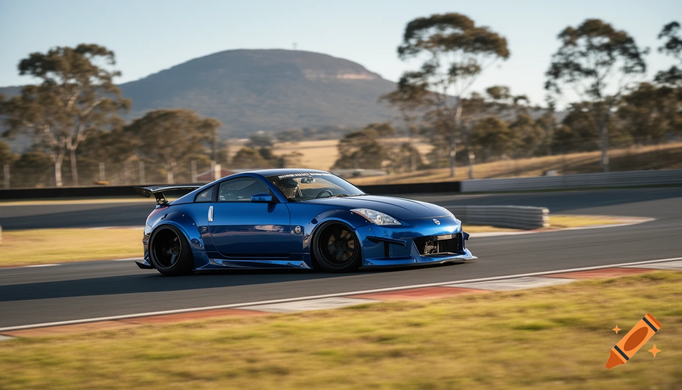 A photorealistic image of a blue Nissan 350Z with a Liberty Walk body kit on a race track.