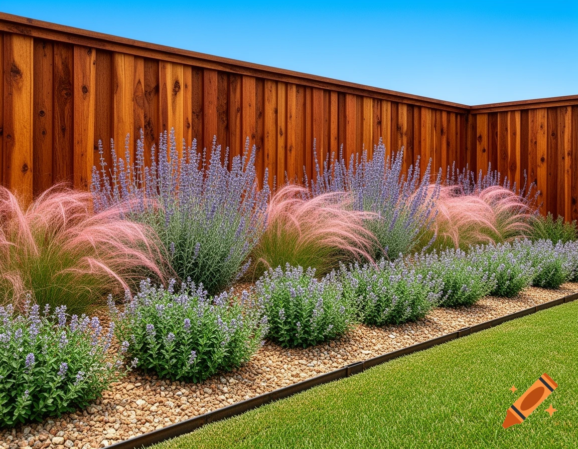 Photorealistic backyard garden with a cedar fence, featuring purple Russian sage, pink muhly grass, catmint, gravel, and a green lawn under a blue sky.