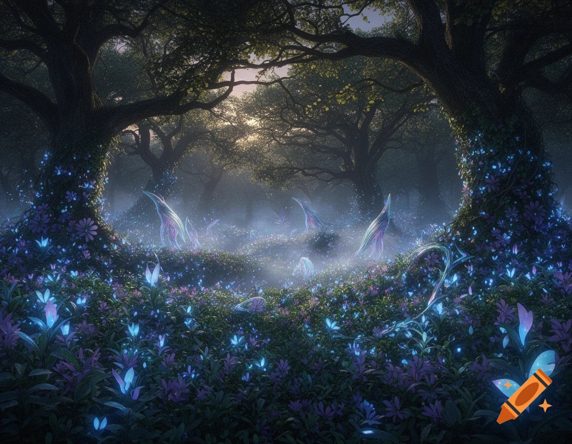 A magical forest scene with two large trees framing a clearing filled ...