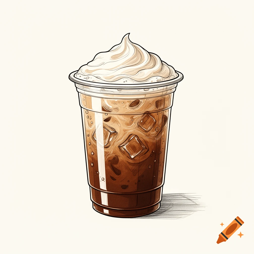 Illustrated line drawing of an iced coffee in a clear plastic cup, topped with white whipped cream.