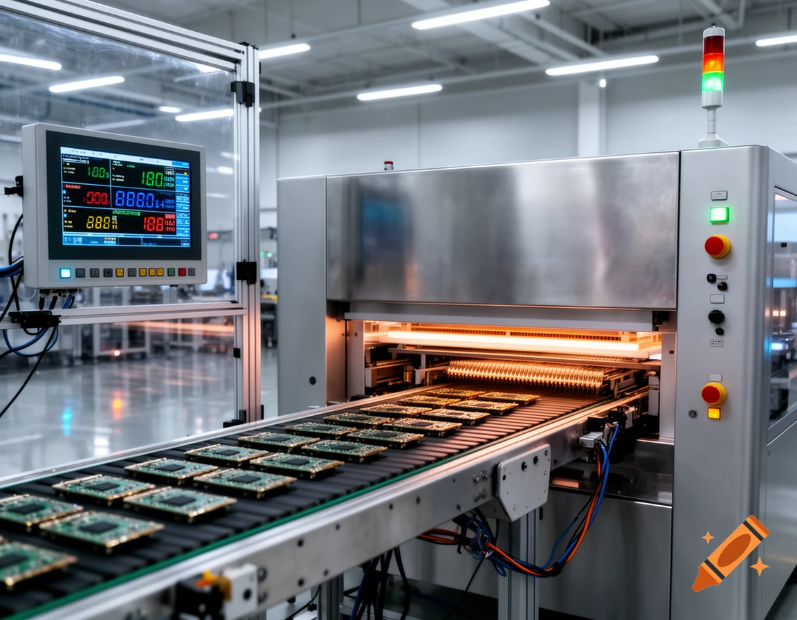 Circuit boards on a conveyor belt moving through a reflow oven machine in a factory, with a digital display showing data.