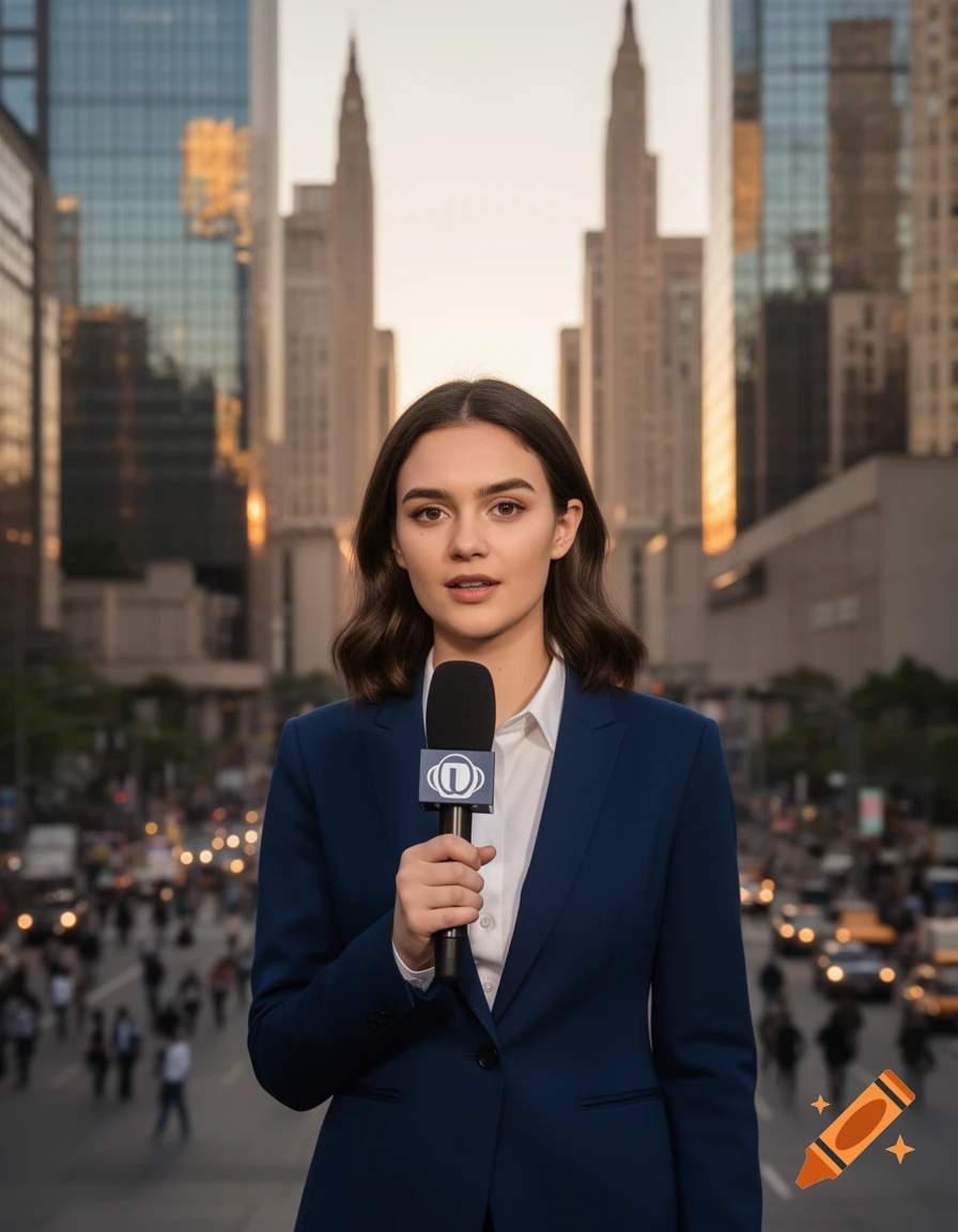 A photorealistic image of a female news reporter in a blue suit holding a microphone, standing in a city with tall buildings.